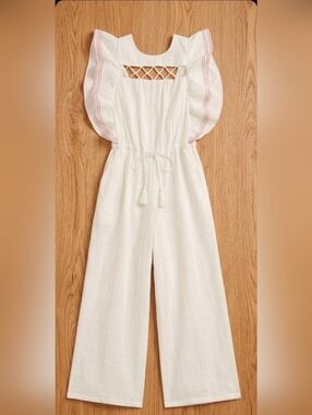 ICEC White Boho Wide Leg Jumpsuit Lattice Neck Ruffle Sleeve Large